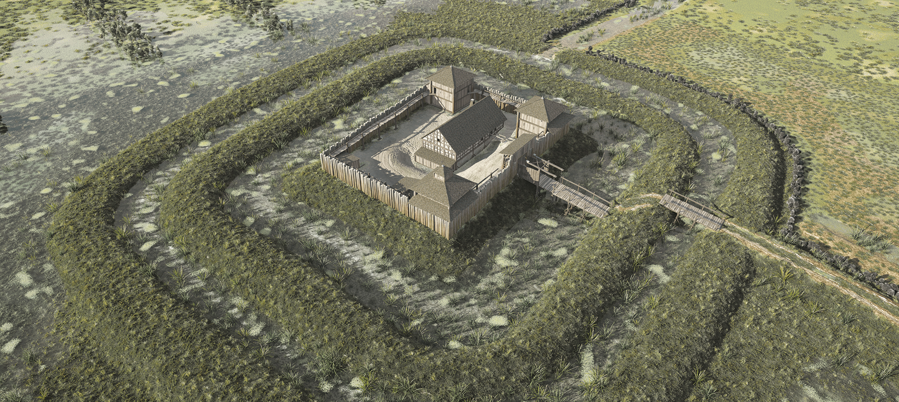 Restitution de la bâtie en bois. Les deux fossés défensifs entourent le château, accessible par les deux ponts. Le corps de logis est aménagé dans la dépression du tertre artificiel (voir fig. 3). Seuls trois des quatre angles sont munis de tours (On-Situ).