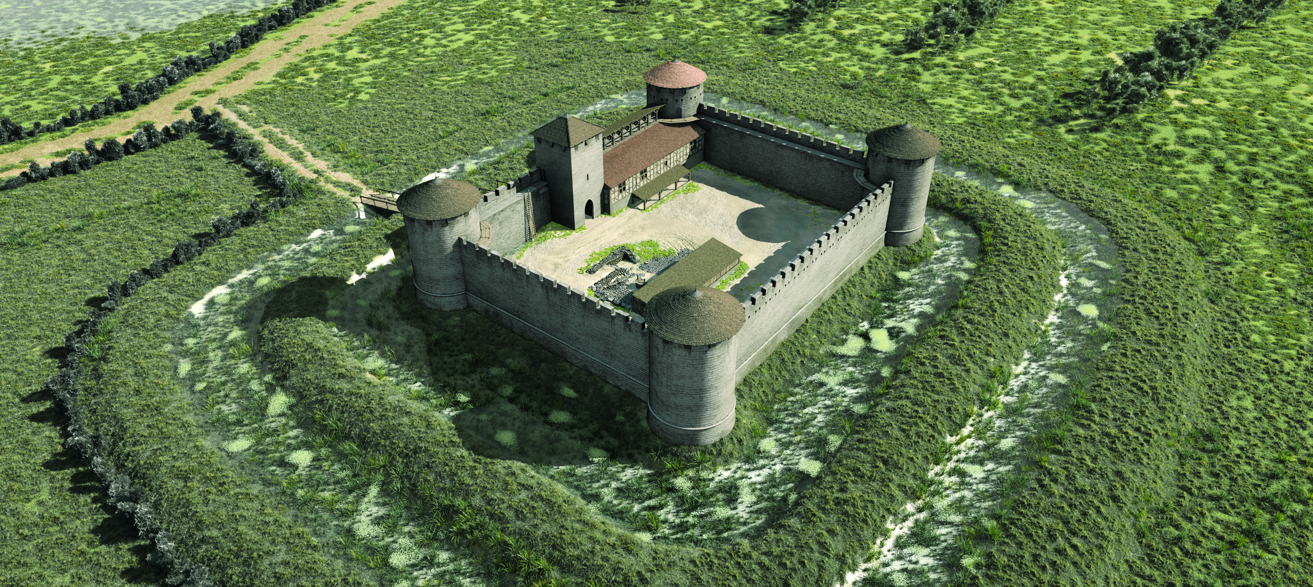 Restitution du château en pierre: un nouveau corps de logis maçonné est construit contre la courtine est (On-Situ).